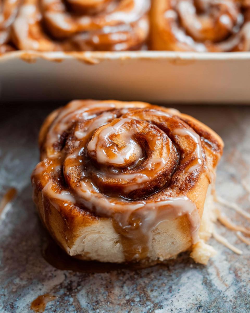 Close-up of a freshly baked cinnamon roll from the cinnabon caramel recipe, drizzled with icing and caramel sauce.