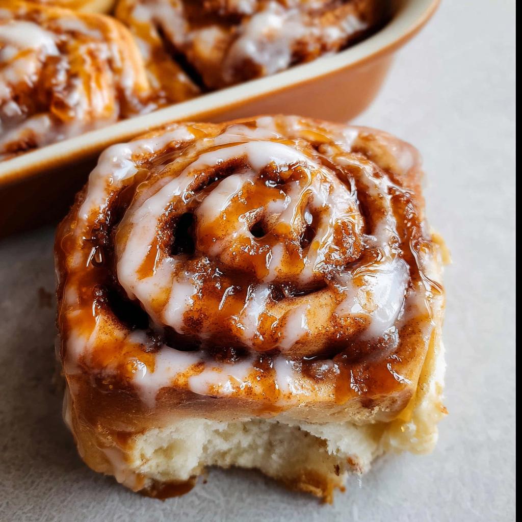 Close-up of a gooey cinnabon caramel roll with icing and a bite taken out.