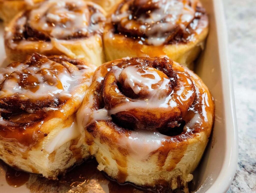 Close-up of freshly baked Cinnabon caramel recipe rolls drizzled with icing and caramel sauce.