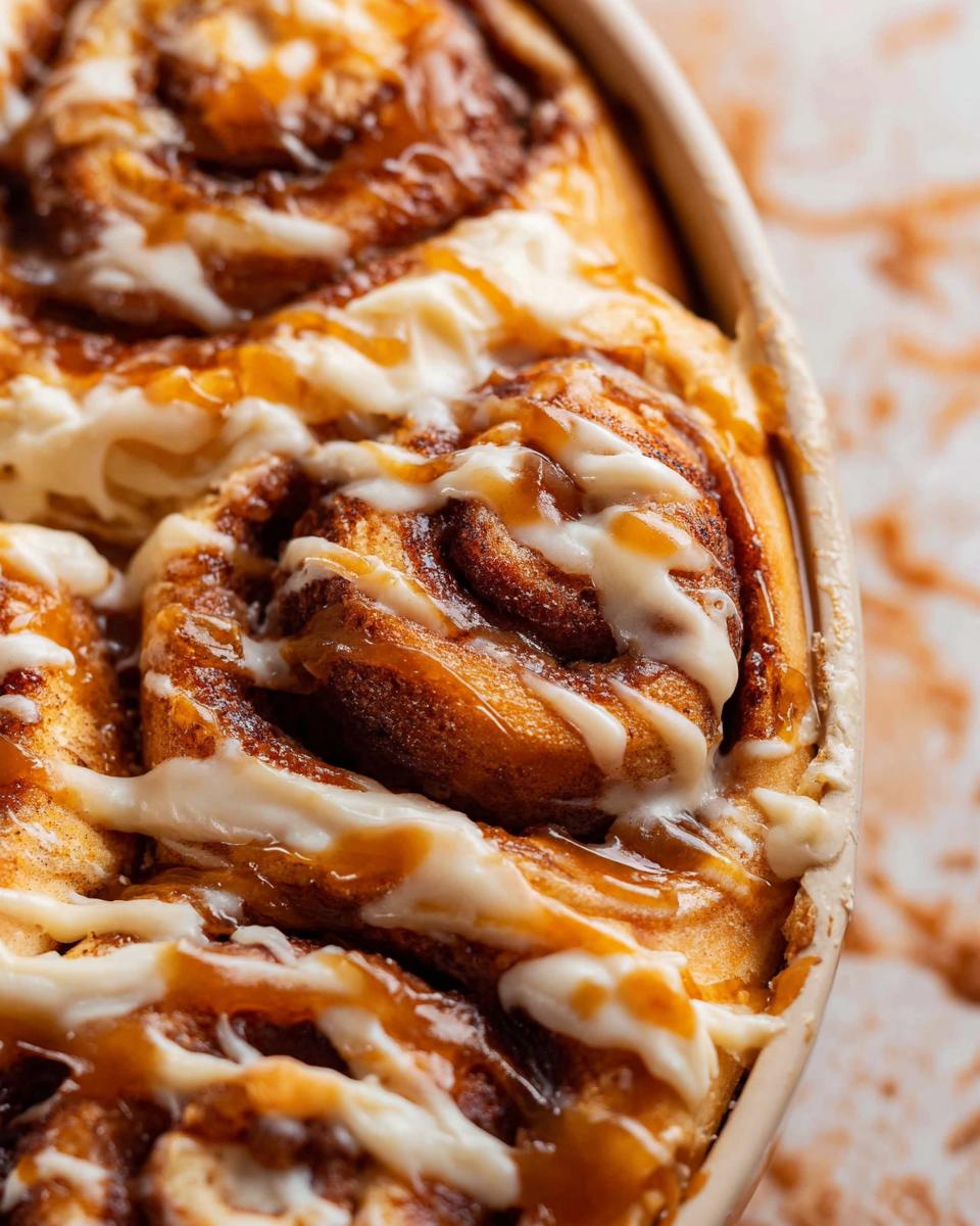 Close-up of freshly baked Cinnabon caramel recipe rolls drizzled with cream cheese frosting and caramel sauce.