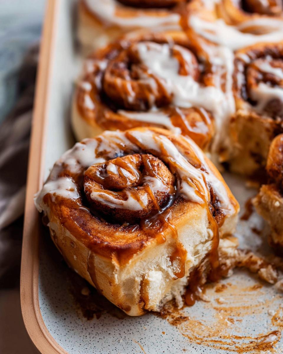 Close-up of a freshly baked cinnabon caramel roll, drizzled with icing and caramel sauce.