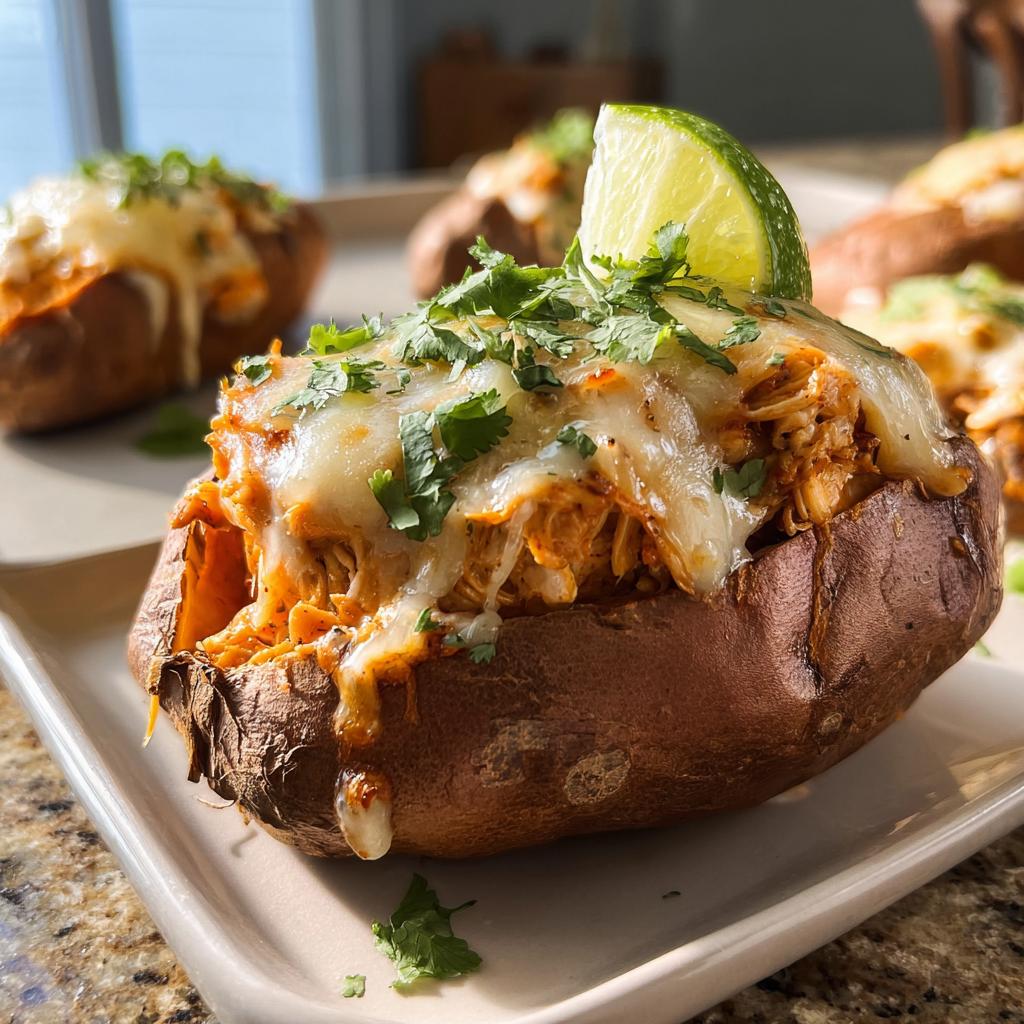 Close-up of a baked sweet potato stuffed with shredded chicken and melted cheese, topped with cilantro and a lime wedge. A quick dinner idea.