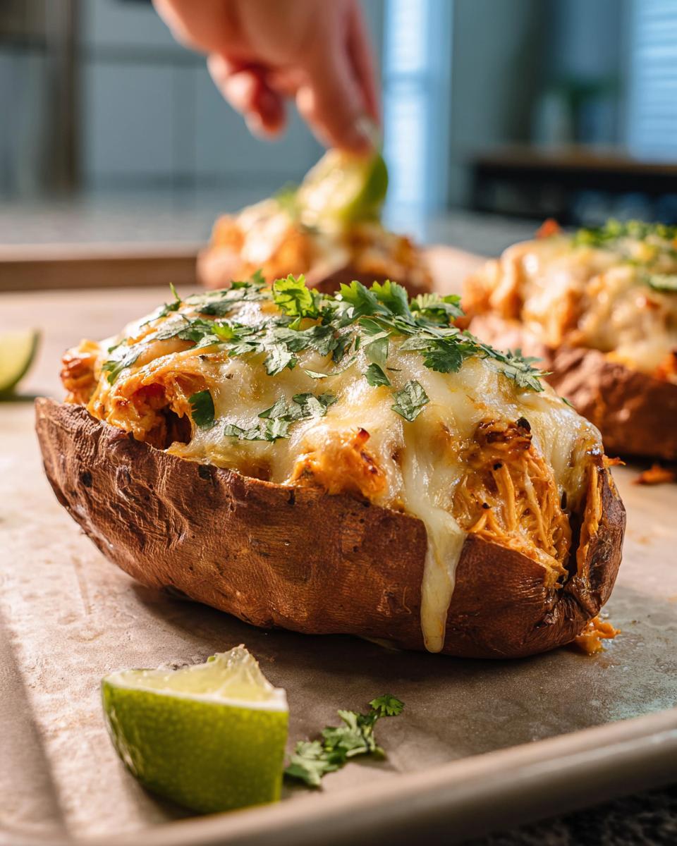 A delicious loaded sweet potato, a perfect 20-minute dinner idea, topped with shredded chicken, melted cheese, and cilantro.