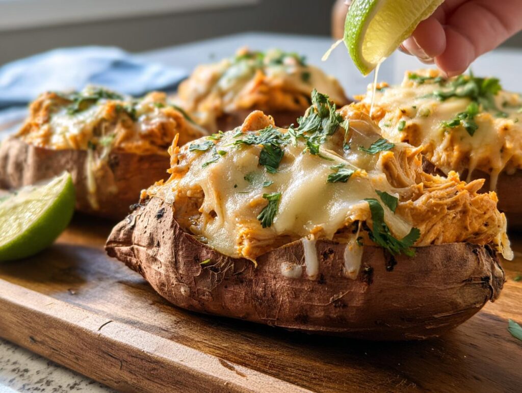 Close-up of a loaded sweet potato with shredded chicken and melted cheese, a lime wedge is being squeezed over it.