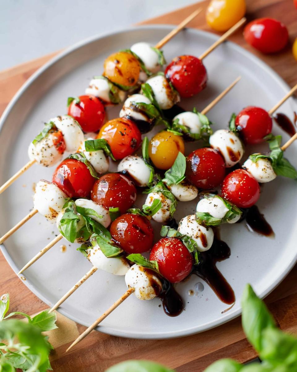 Close-up of several 5-Ingredient Caprese Skewers featuring cherry tomatoes, mozzarella balls, basil, and balsamic glaze.