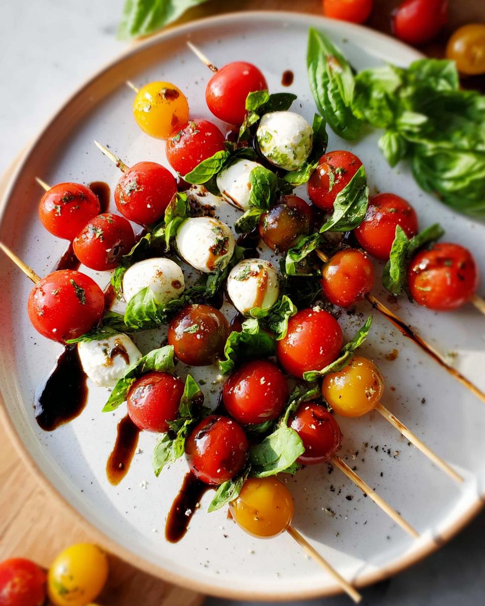 Close-up of several 5-Ingredient Caprese Skewers arranged on a plate, featuring cherry tomatoes, mozzarella balls, and basil, drizzled with balsamic glaze.