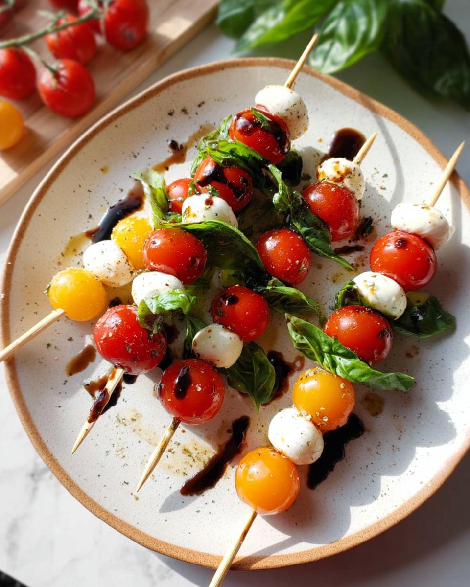 Several 5-Ingredient Caprese Skewers arranged on a speckled plate, featuring cherry tomatoes, mozzarella balls, and basil, drizzled with balsamic glaze.