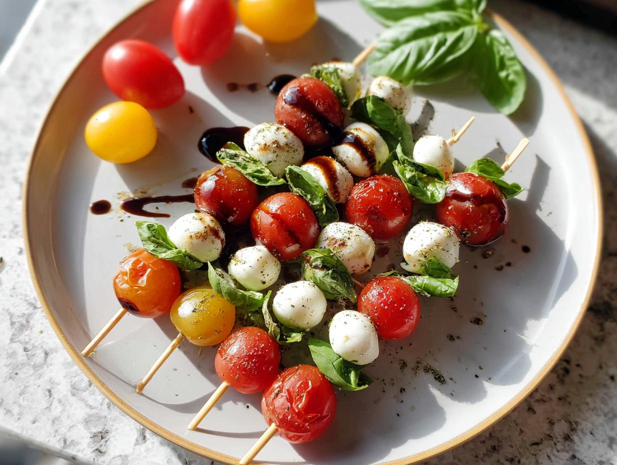 Close-up of several 5-Ingredient Caprese Skewers featuring cherry tomatoes, mozzarella balls, and basil drizzled with balsamic glaze.
