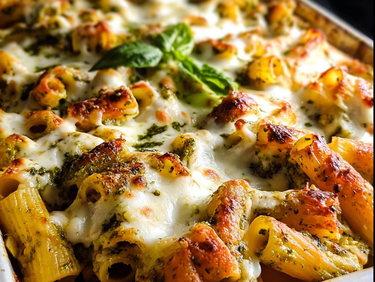 Close-up of a baked pasta dish with melted cheese, pesto, and a basil garnish, showcasing one of the 5-Ingredient Dinner Ideas.