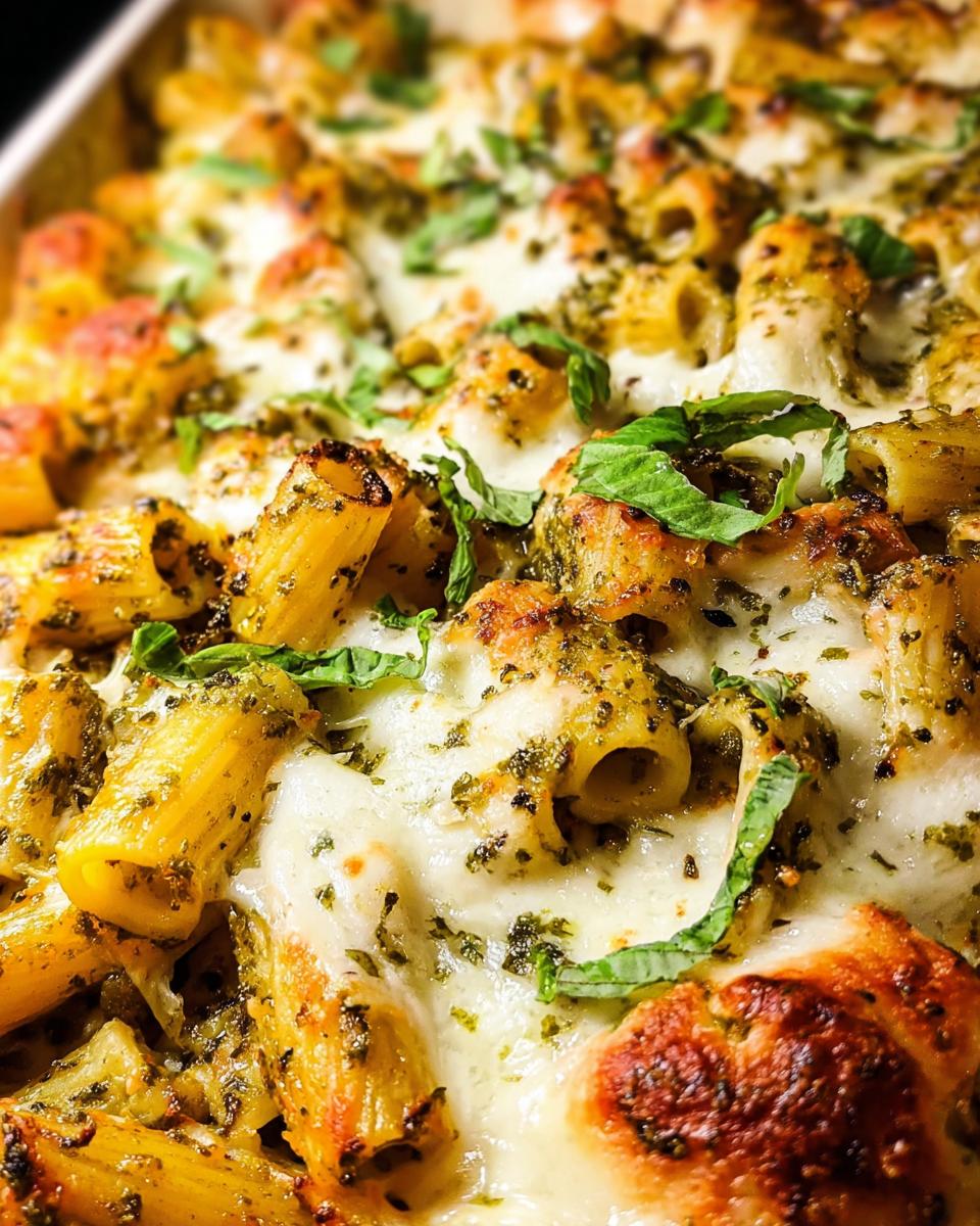 Close-up of a baked pasta dish with pesto, melted cheese, and fresh basil, a perfect example of 5-Ingredient Dinner Ideas.