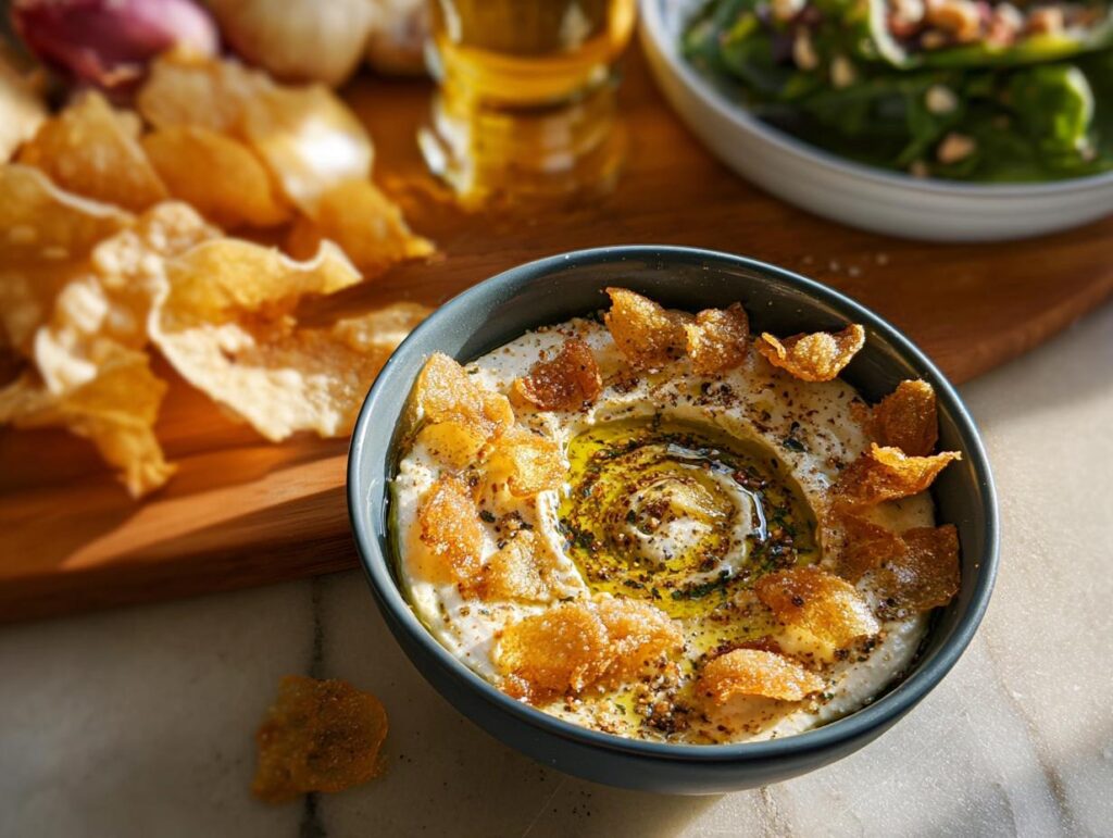 A bowl of creamy dip topped with crispy chips and olive oil, part of 5-Ingredient Thanksgiving Desserts.