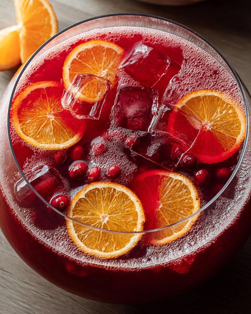 A festive punch bowl filled with a vibrant red 5-Ingredient Thanksgiving Drink, garnished with orange slices and cranberries.