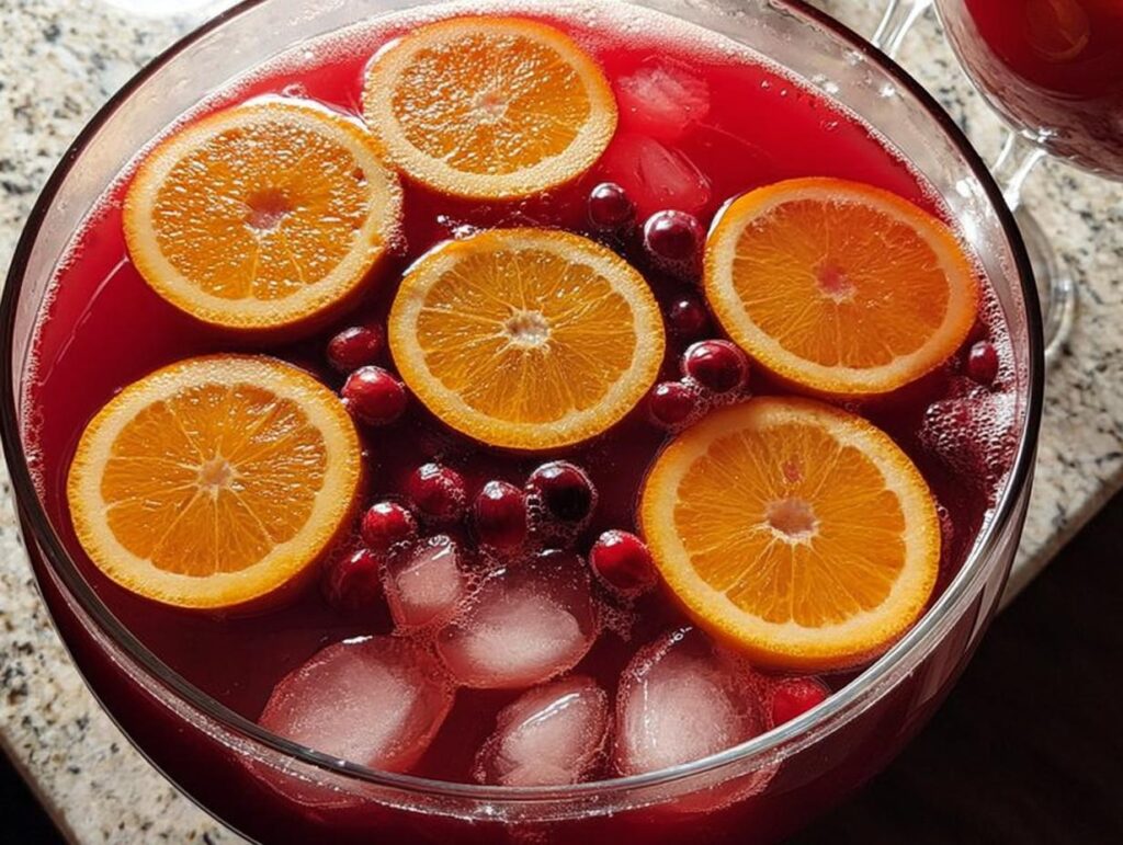 Close-up of a festive Thanksgiving punch bowl filled with a red drink, orange slices, cranberries, and ice.