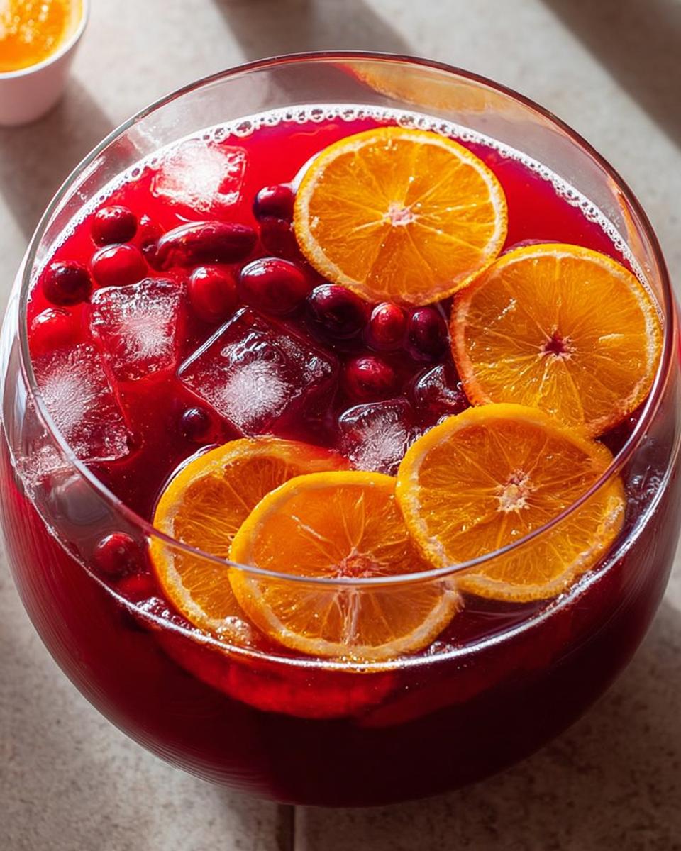 A refreshing bowl of 5-Ingredient Thanksgiving Drinks, a cranberry orange punch with ice, cranberries, and orange slices.