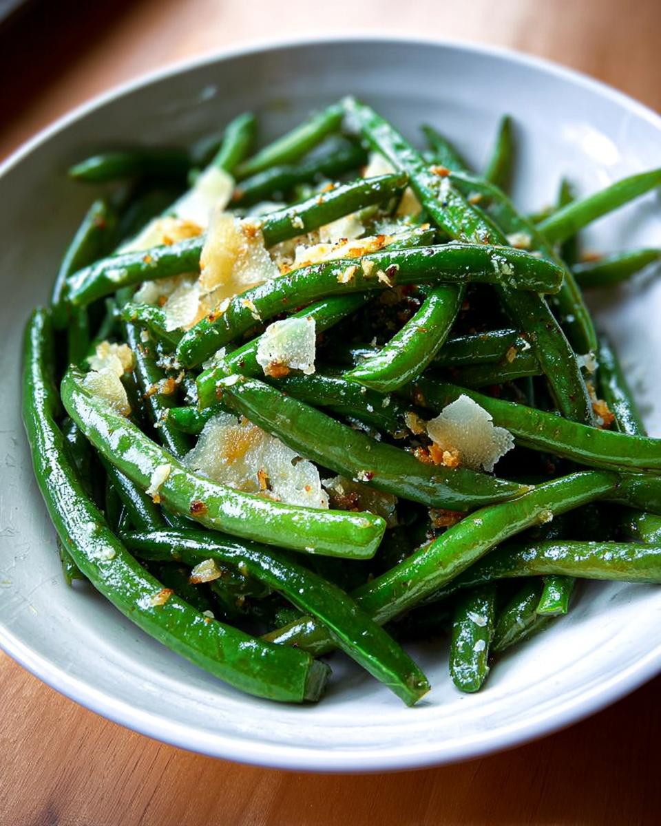 A close-up of vibrant green beans tossed with Parmesan cheese and seasonings, perfect for 5-Ingredient Thanksgiving Green Beans.
