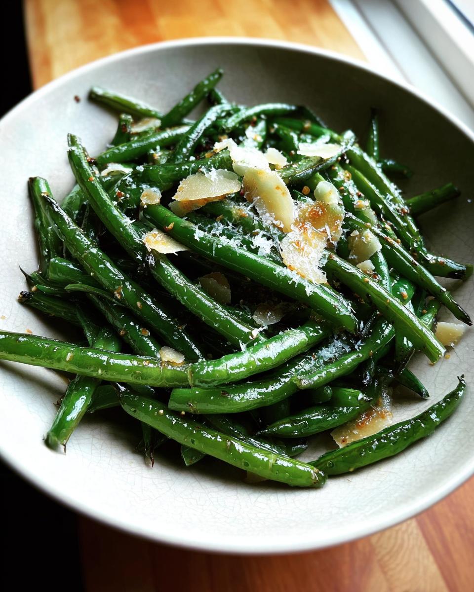 Close-up of glistening 5-Ingredient Thanksgiving Green Beans topped with shaved Parmesan cheese and spices.