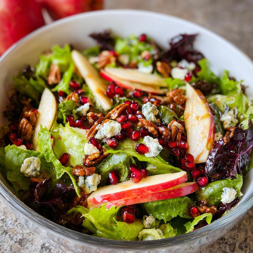 A vibrant 5-ingredient Thanksgiving salad featuring crisp lettuce, apple slices, pomegranate seeds, pecans, and blue cheese crumbles.