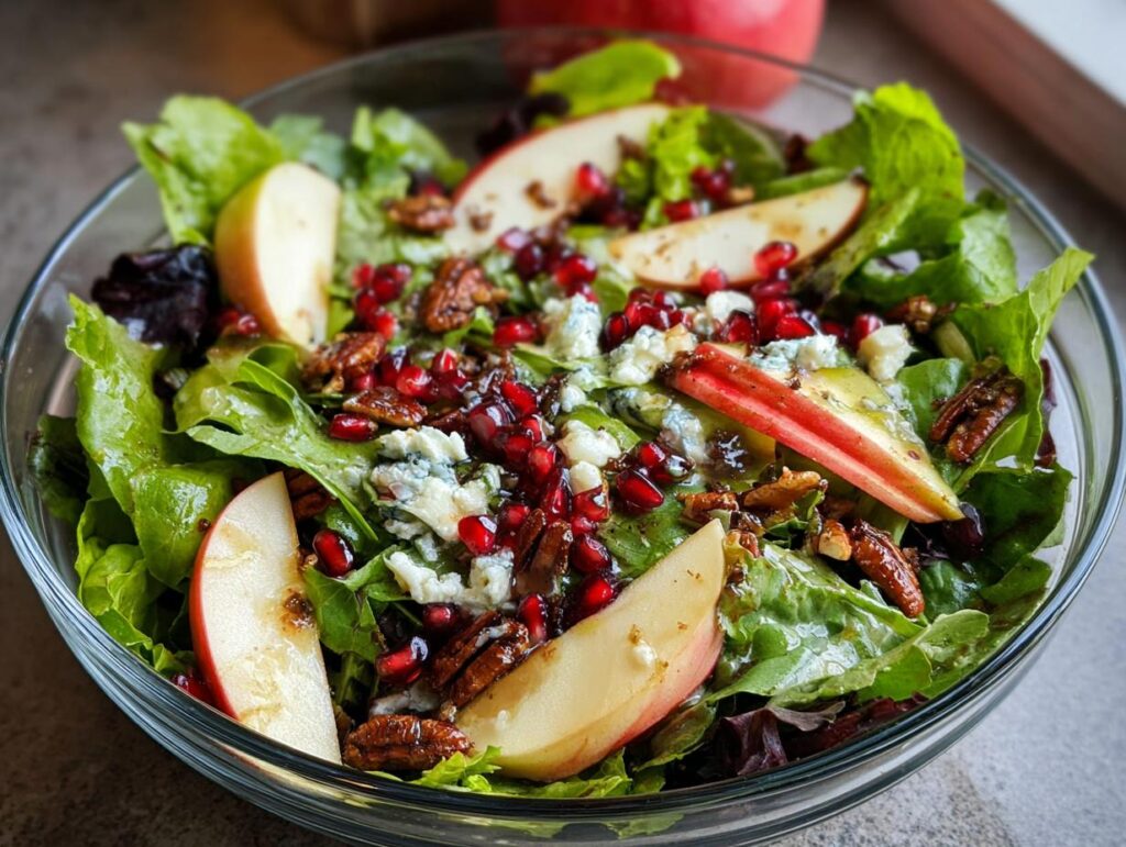 A vibrant 5-ingredient Thanksgiving salad featuring crisp lettuce, apple slices, pomegranate seeds, blue cheese, and pecans in a glass bowl.