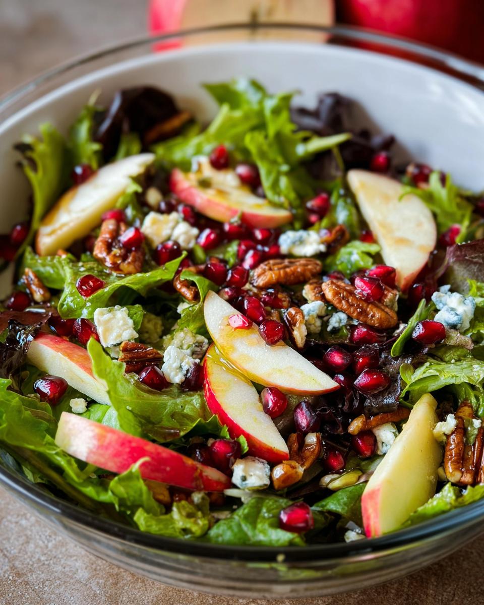 A vibrant 5-Ingredient Thanksgiving Salad featuring crisp lettuce, apple slices, pomegranate seeds, pecans, and blue cheese.