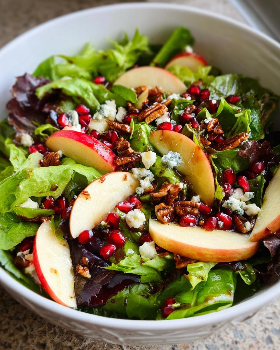 Close-up of a vibrant 5-Ingredient Thanksgiving Salad featuring mixed greens, apple slices, pomegranate seeds, pecans, and blue cheese.