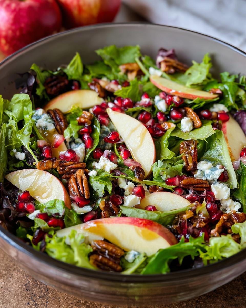 A vibrant 5-ingredient Thanksgiving salad featuring mixed greens, apple slices, pomegranate seeds, pecans, and blue cheese.