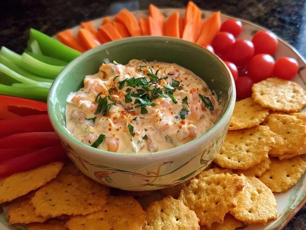 A bowl of creamy shrimp dip surrounded by crackers, carrots, celery, red bell pepper, and cherry tomatoes for a 5-Ingredient Thanksgiving Veggie Tray.