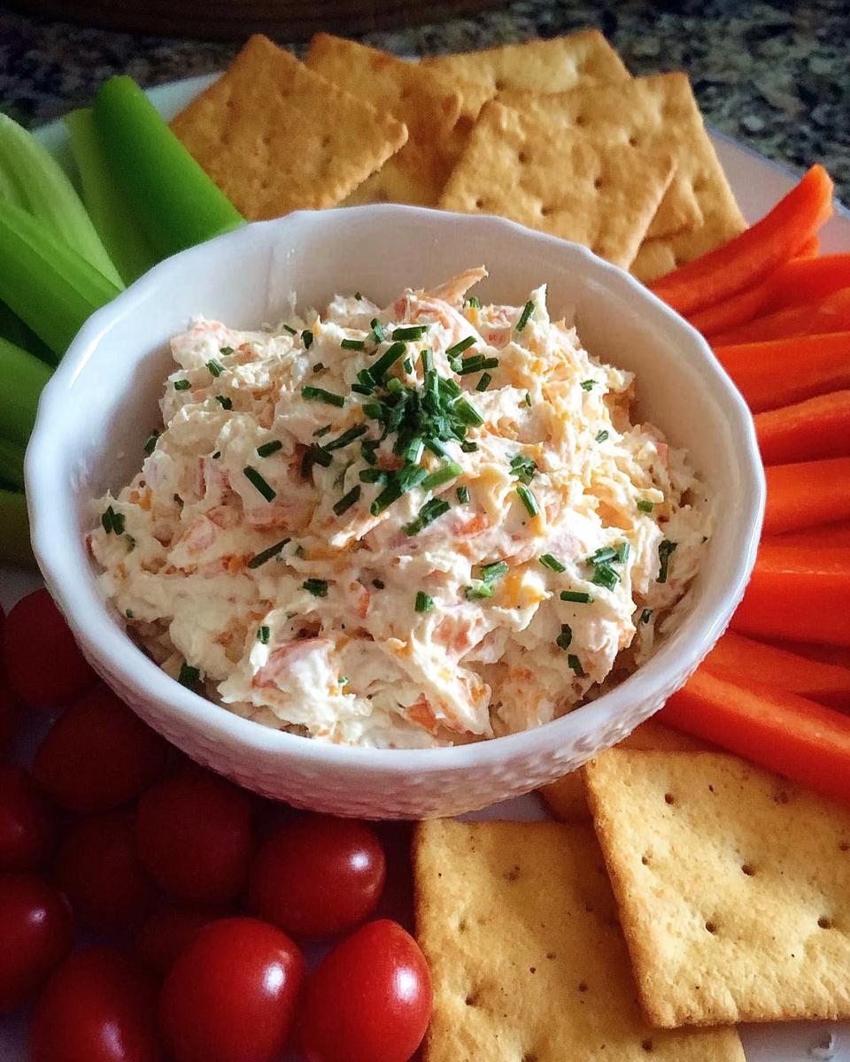 A close-up of a creamy dip topped with chives, surrounded by carrots, celery, cherry tomatoes, and crackers for a 5-Ingredient Thanksgiving Veggie Tray.