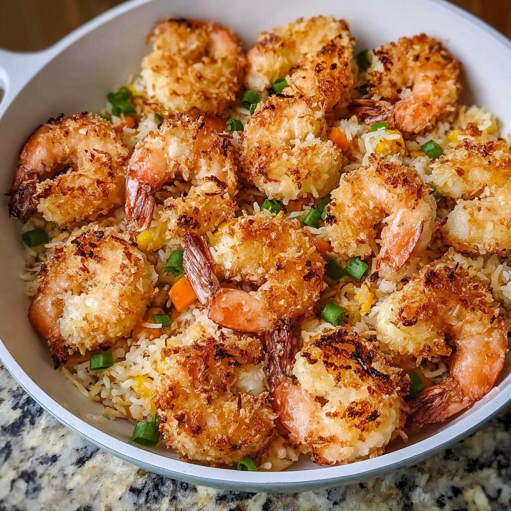 A bowl of fluffy fried rice topped with golden-brown Air Fryer Crispy Coconut Shrimp and chopped green onions.