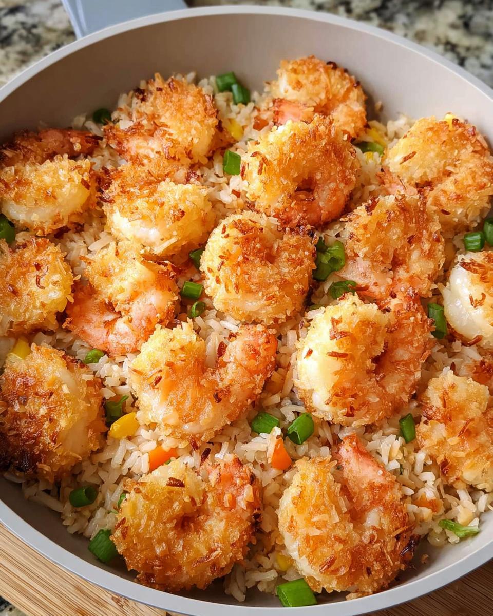 A close-up of Air Fryer Crispy Coconut Shrimp served over a bed of vegetable fried rice, garnished with green onions.