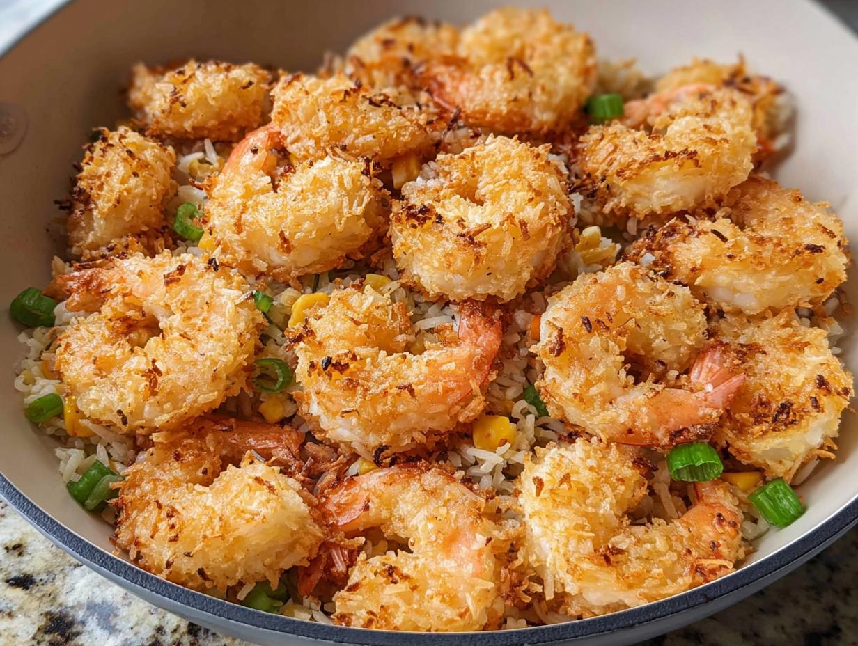 A close-up of Air Fryer Crispy Coconut Shrimp served over a bed of fried rice with corn and green onions.