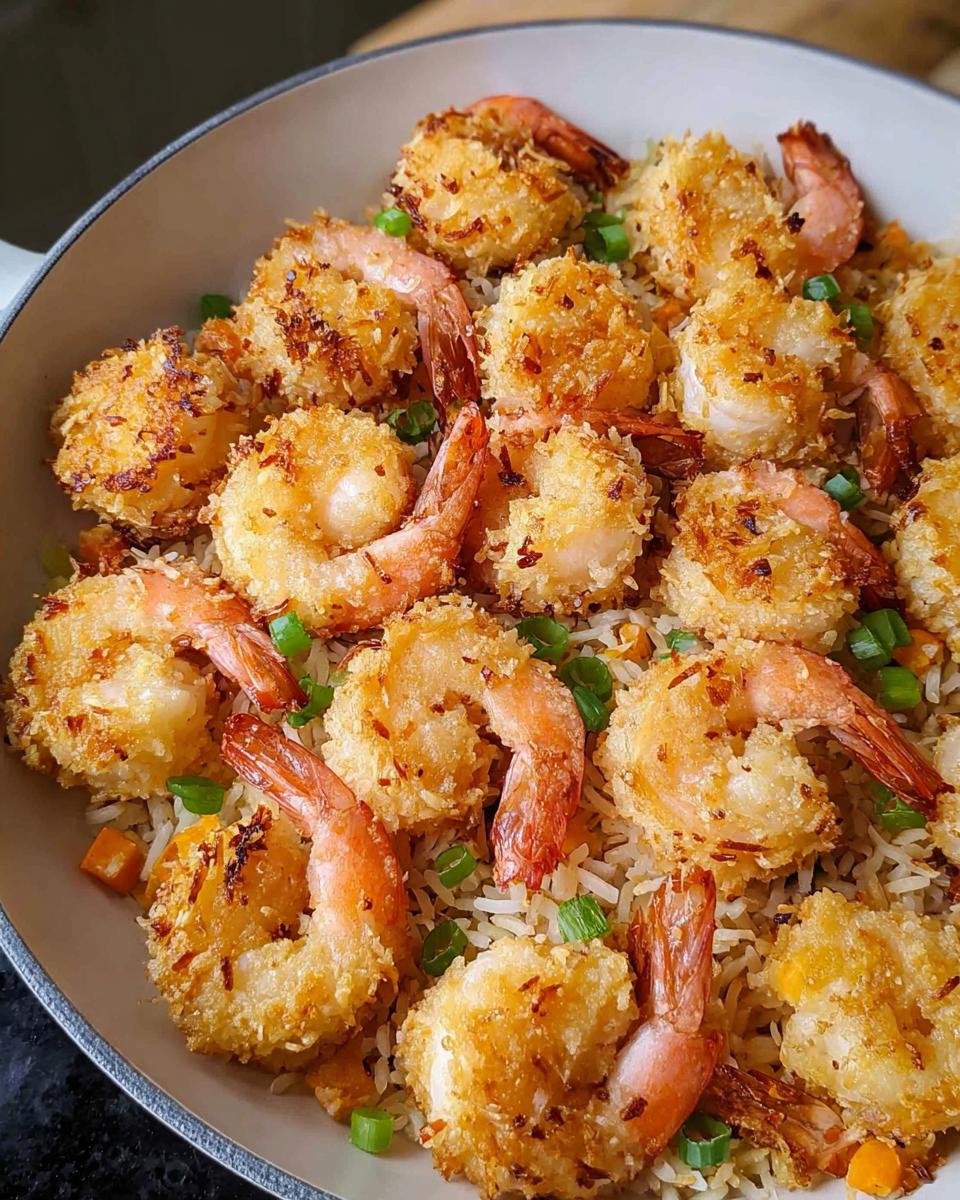 A generous serving of Air Fryer Crispy Coconut Shrimp piled high on a bed of rice, garnished with green onions.