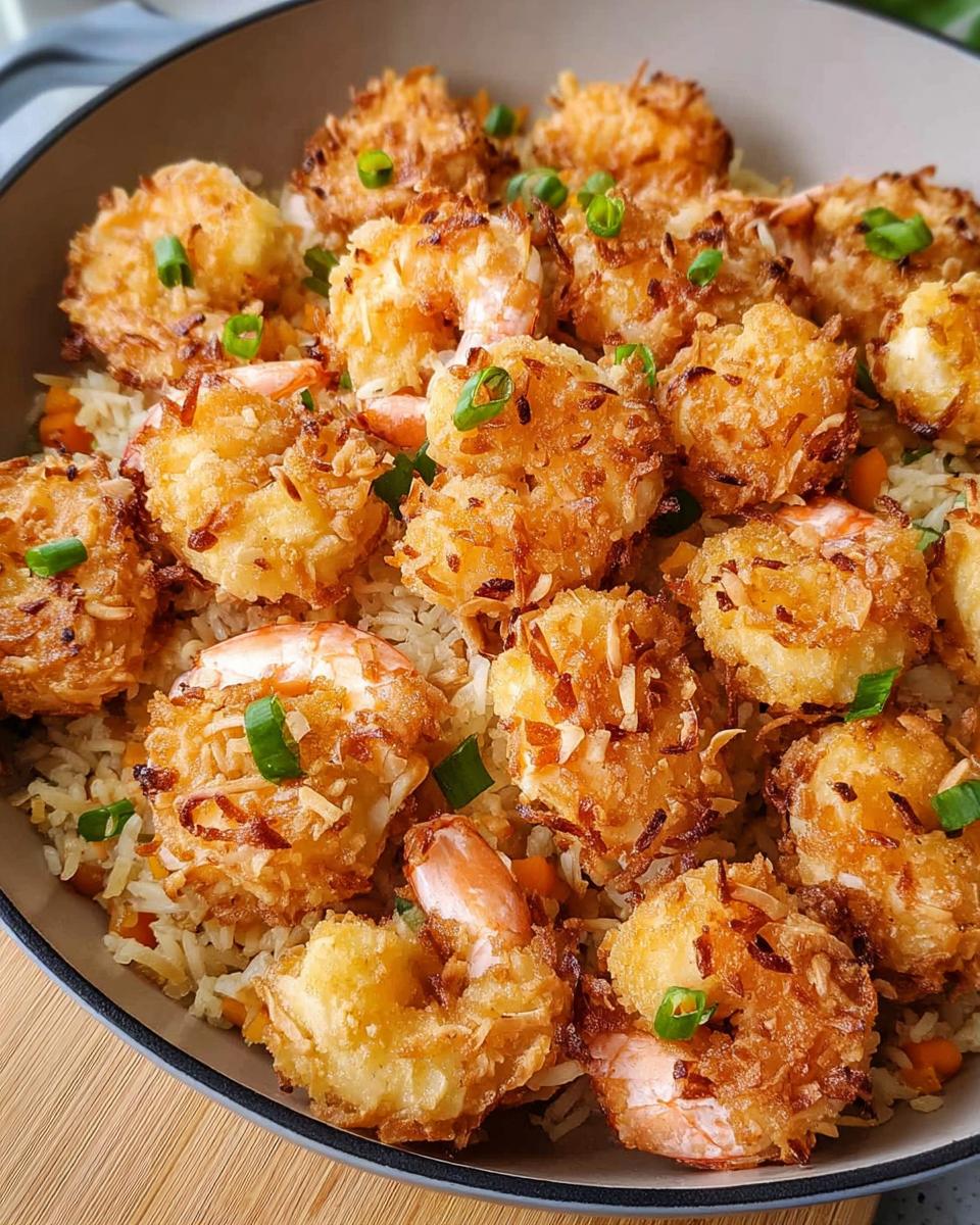 A close-up of Air Fryer Crispy Coconut Shrimp piled high on a bed of seasoned rice, garnished with green onions.
