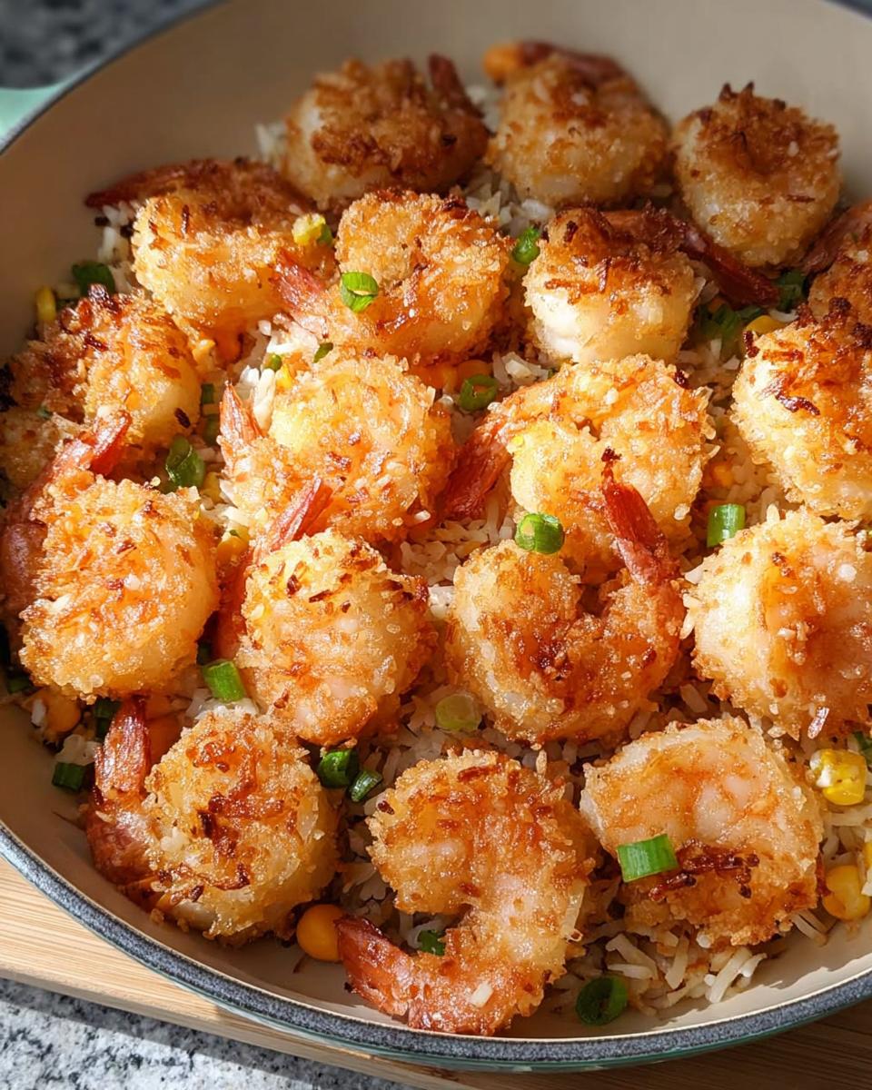A close-up of Air Fryer Crispy Coconut Shrimp served over rice and corn, garnished with green onions.