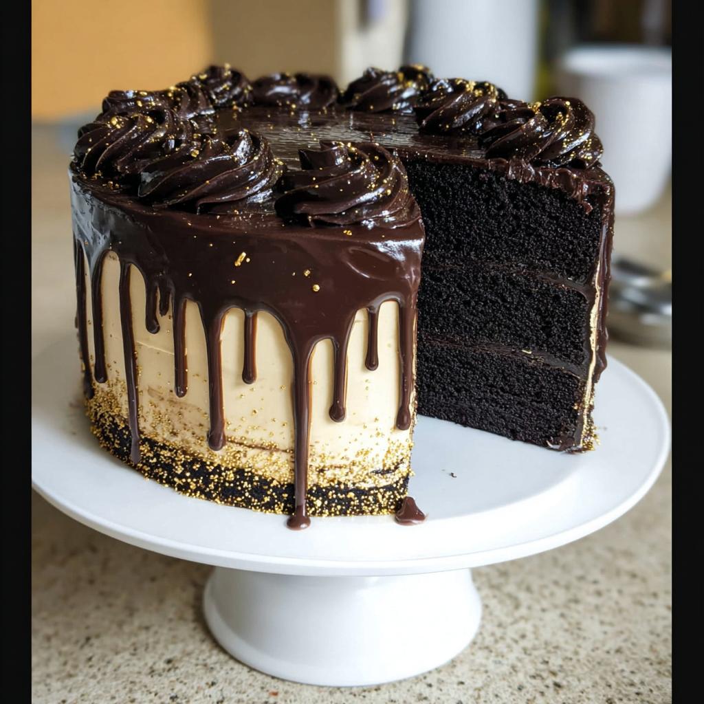 A slice cut from a Black and Gold Drip Cake showing rich dark chocolate layers and gold sprinkles.