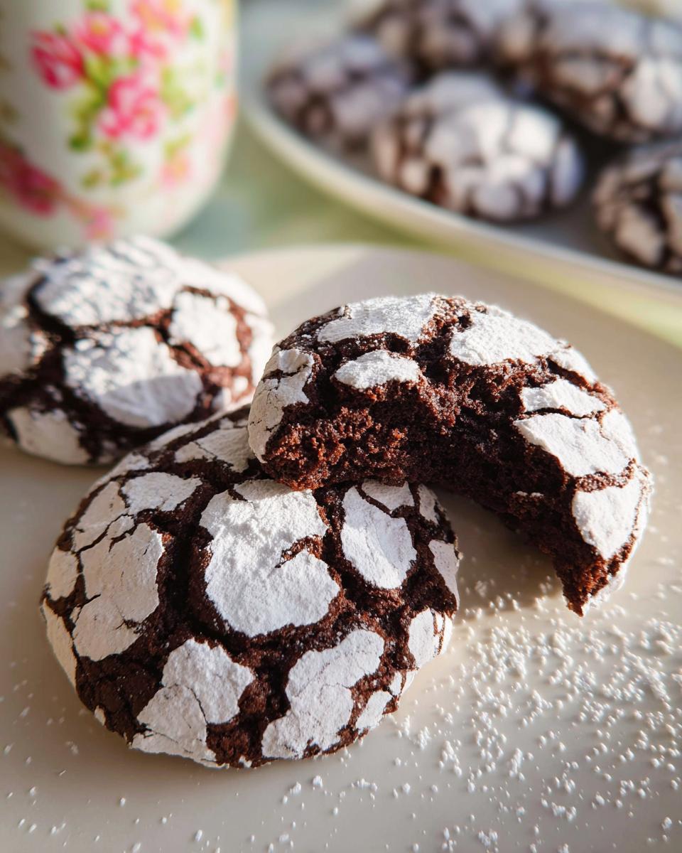 Three rich, dark Chocolate Crinkle Cookies dusted heavily with powdered sugar on a white plate.