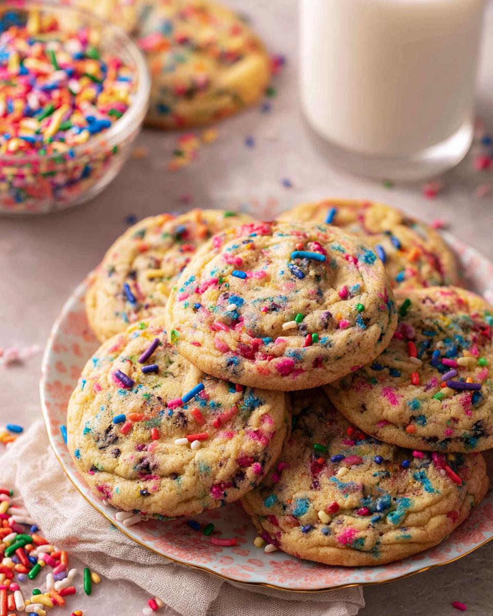 A stack of freshly baked Confetti Sprinkle Cookies loaded with colorful jimmies, served on a plate next to milk.
