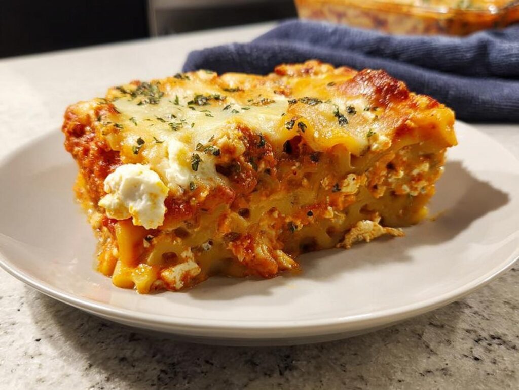 A generous slice of amazing lasagna, a restaurant-style dinner idea, served on a white plate with melted cheese and herbs.