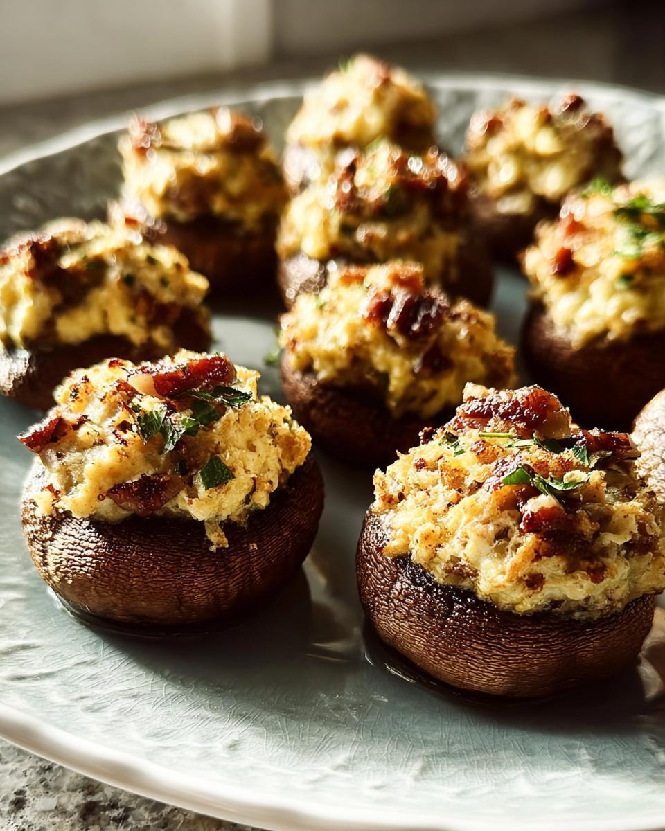 A plate of freshly baked Stuffed Mushrooms, generously filled with a creamy mixture and topped with bacon bits and parsley.