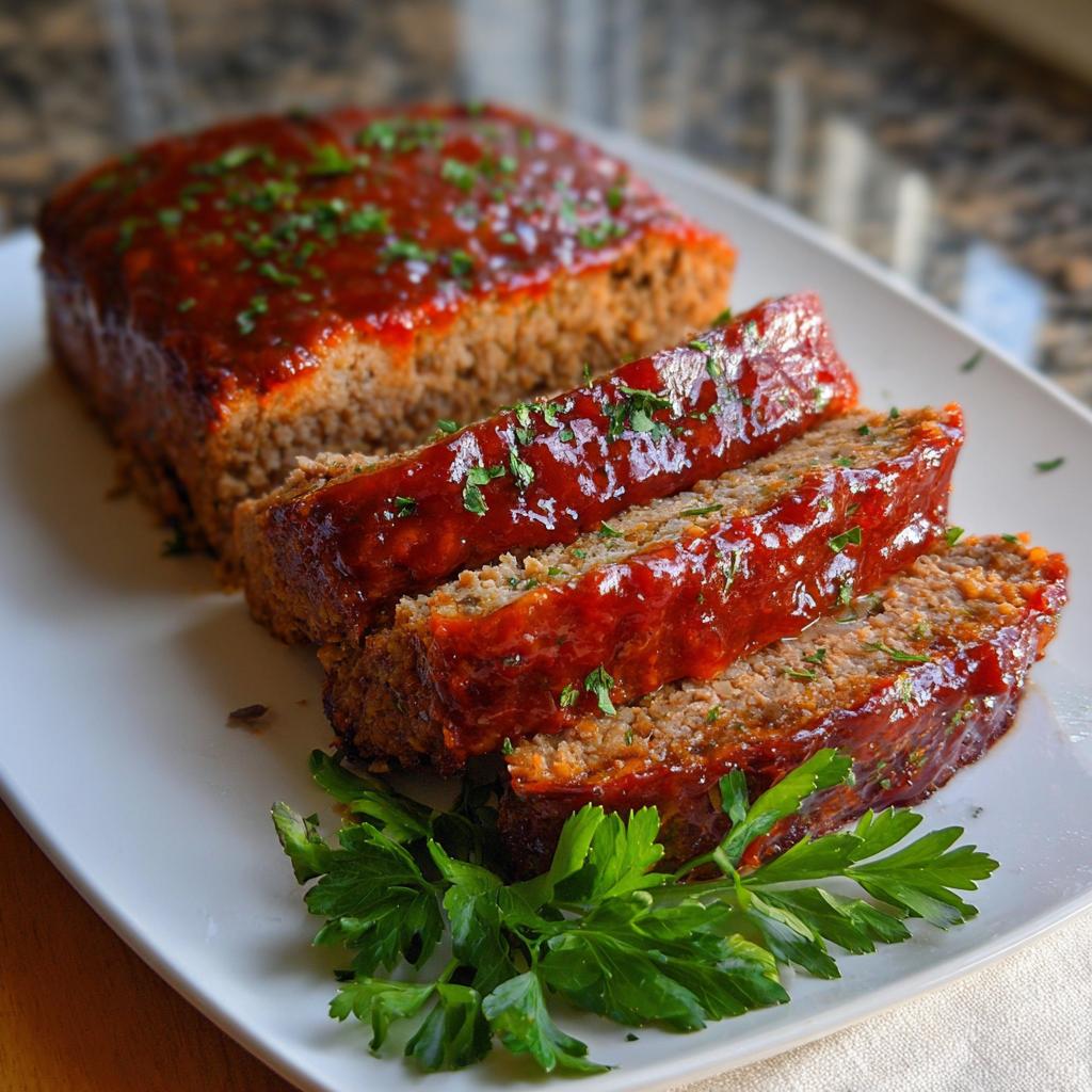 Close-up of a sliced amazing meatloaf, glazed with a rich sauce and garnished with fresh parsley.