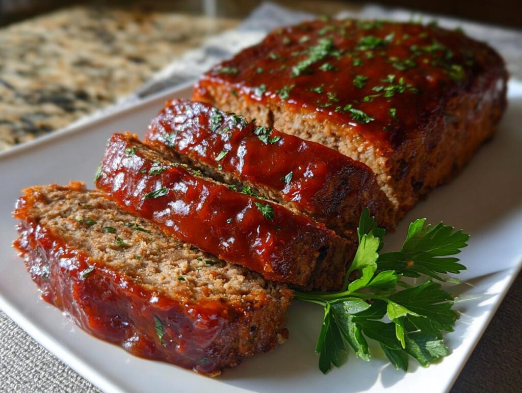 Close-up of a sliced amazing meatloaf, glazed with a glossy sauce and garnished with fresh parsley.