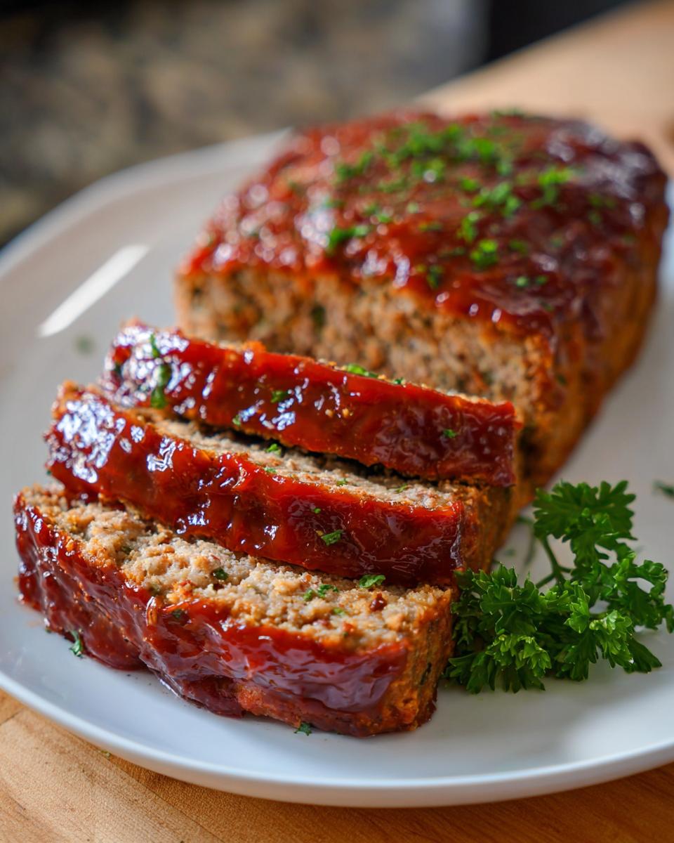 Close-up of sliced amazing meatloaf, covered in a glossy glaze and garnished with parsley. A perfect dinner idea.
