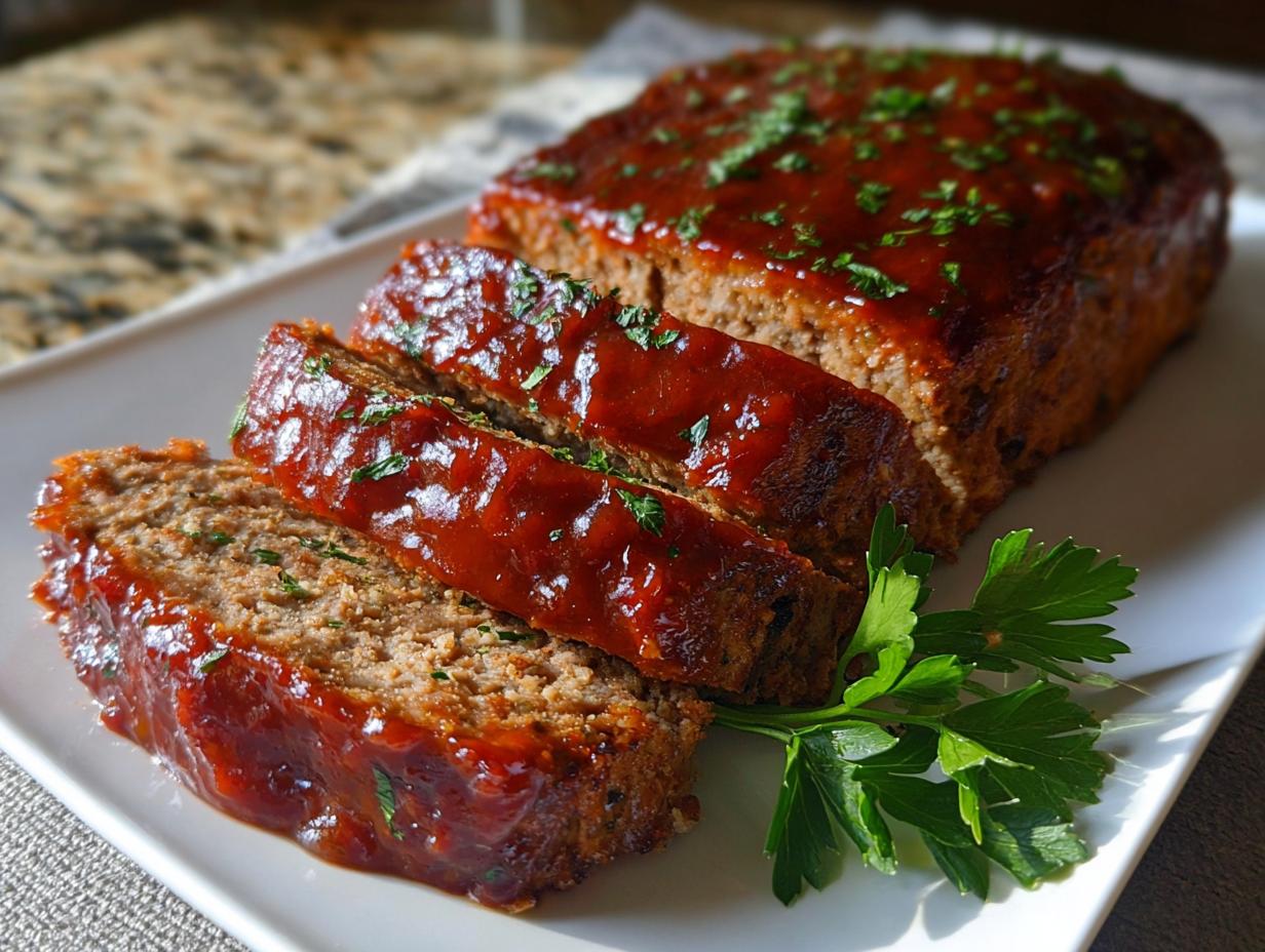Close-up of a sliced amazing meatloaf, glazed with a glossy sauce and garnished with fresh parsley.