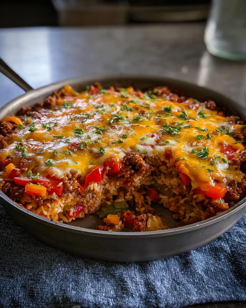 A deep-dish Stuffed Pepper Casserole topped with melted cheddar cheese and fresh parsley, served in a skillet