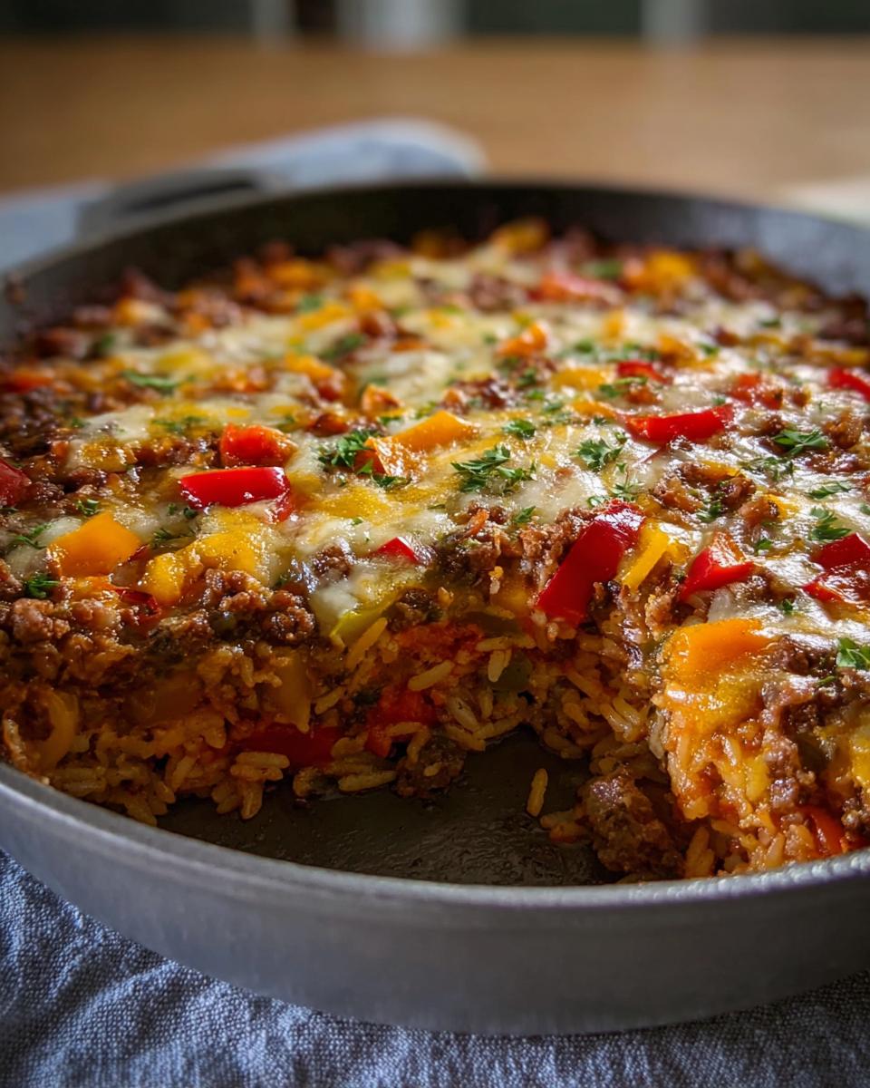 Close-up of baked Stuffed Pepper Casserole with melted cheese, ground meat, rice, and colorful peppers in a round skillet.