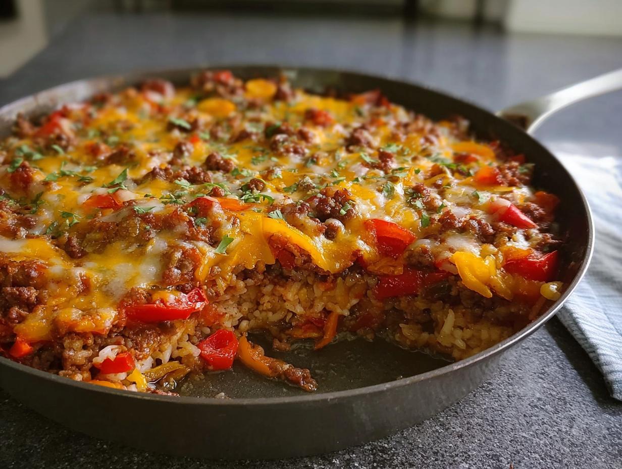 A close-up of the Amazing Stuffed Pepper Casserole baked in a skillet, topped with melted cheese and herbs.