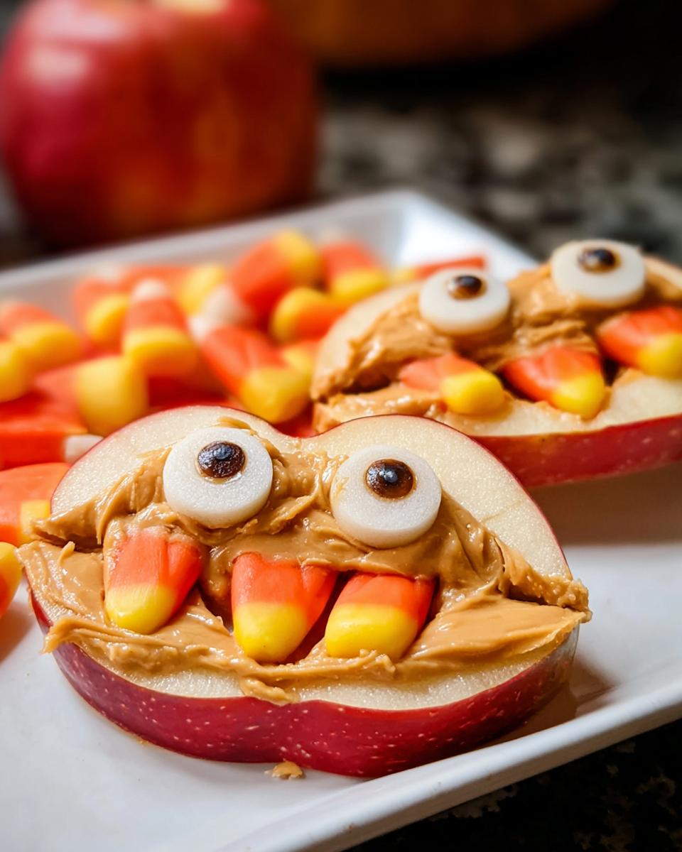 Close-up of Apple Monster Bites made with apple slices, peanut butter, candy corn teeth, and candy eyes.