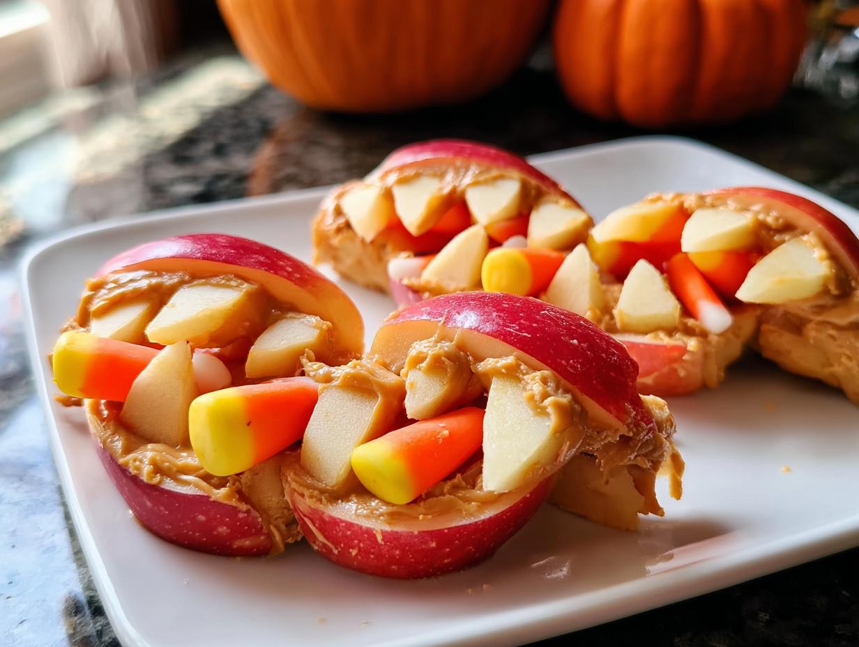 Three Apple Monster Bites on a white plate, made with apple slices, peanut butter, and candy corn teeth.