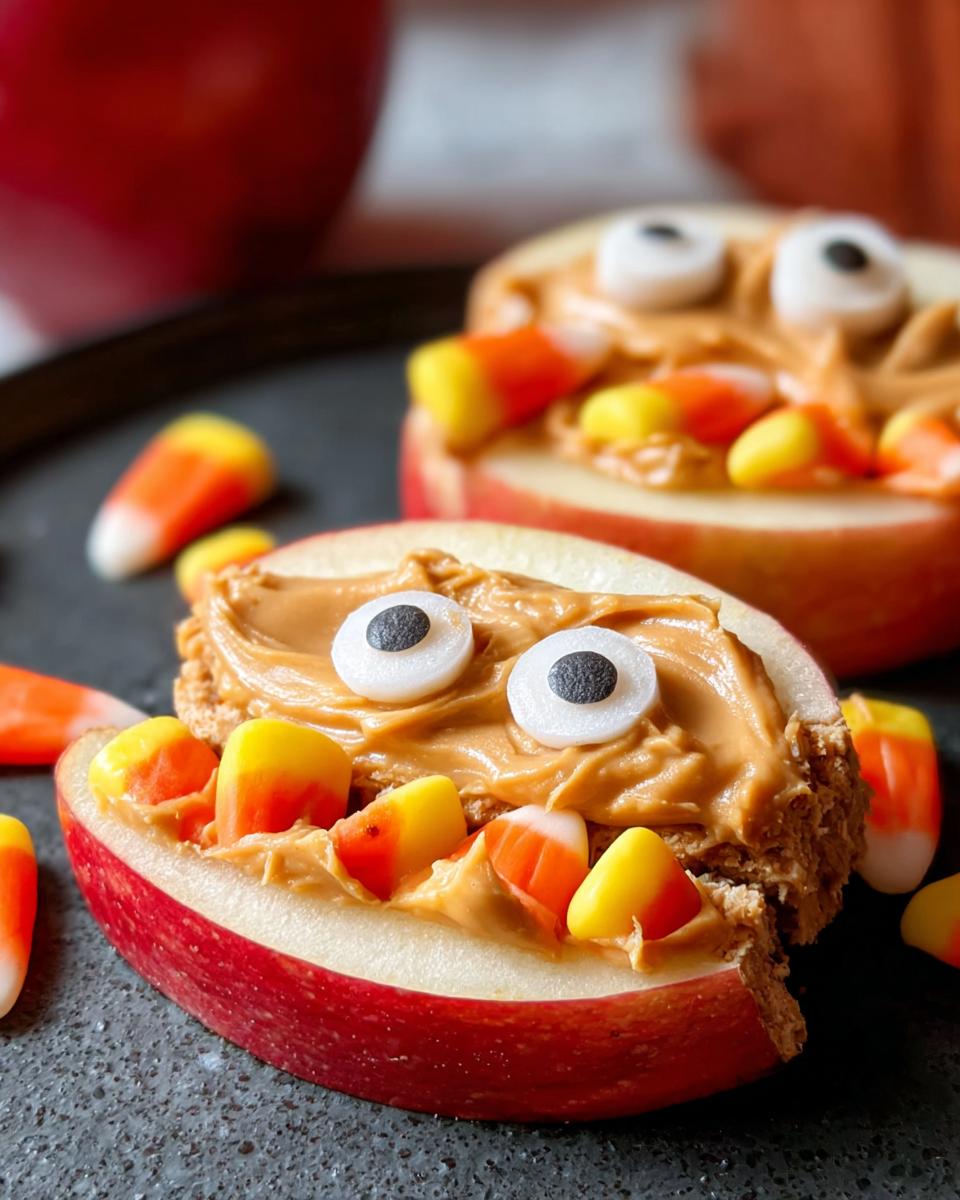 Close-up of Apple Monster Bites made with apple slices, peanut butter, candy corn teeth, and candy eyes.