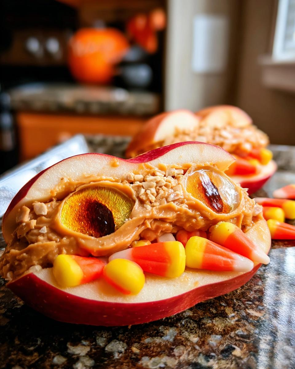 Close-up of a red apple half filled with peanut butter, candy corn, and a spooky candy eye, creating an Apple Monster Bite.