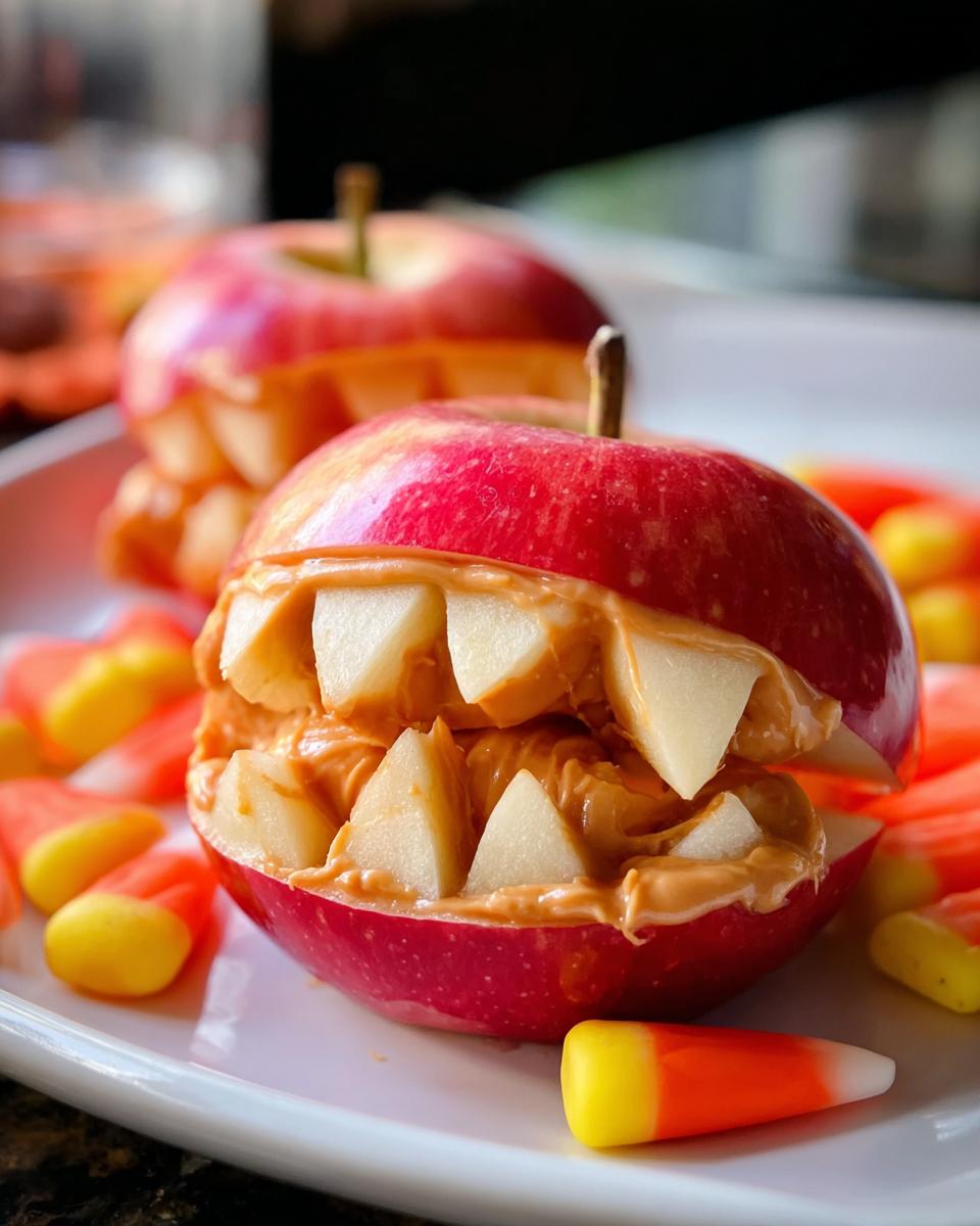 Close-up of a fun Apple Monster Bite snack made with red apples, peanut butter, and apple slices for teeth, surrounded by candy corn.